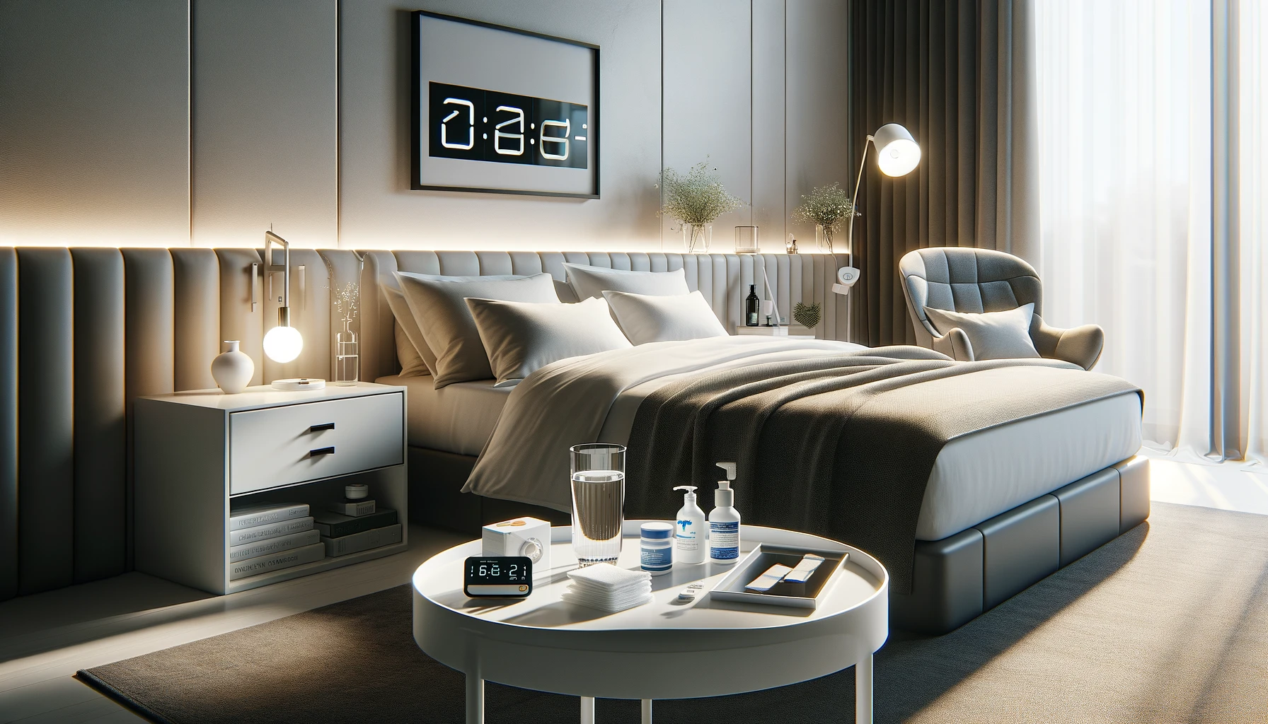 stylish bedroom with medication and water on table