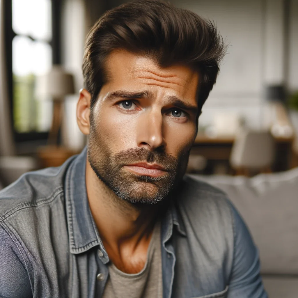 man with phimosis man in discomfort frowning